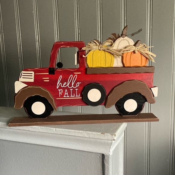 NWT Large- Hello Fall- Red Wooden Farmtruck with 3 Pumpkins Decoration w/ Base - Picture 4 of 17